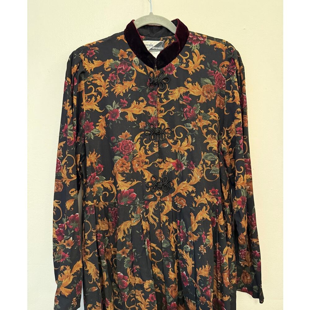 Vintage Sunshine Starshine Baroque Floral Maxi Dress Velvet Collar Size 12